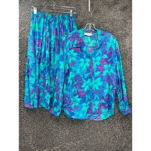 Vintage 80s AKF New York 2 Piece Flare Skirt & Top Set Womens Large Multi Floral